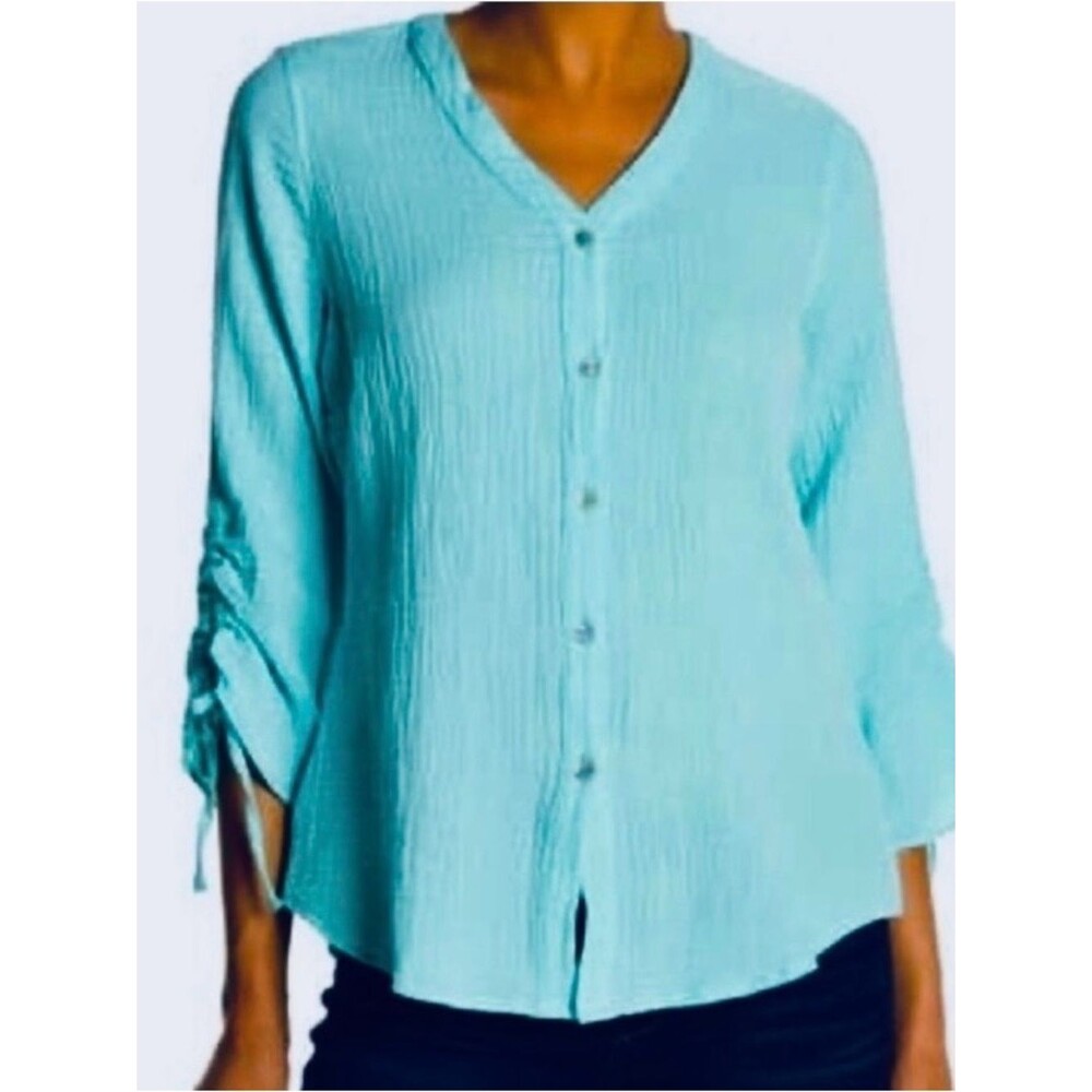 Foxcroft Pastel Aqua Crinkle Gauze Button down Top Size L Coastal Beachy